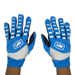 Blue and white padded : gloves with 100% logo, made from cloth material, featuring impact and palm padding, breathable design, adjustable closure, and touchscreen compatibility for track use."