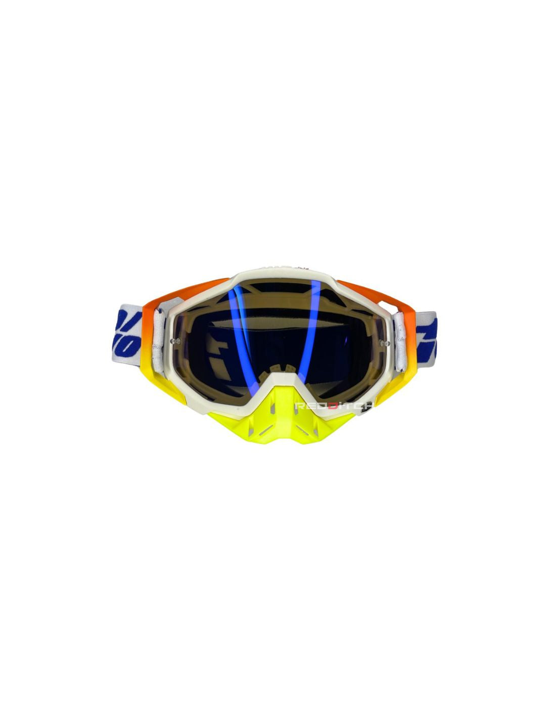 Goggles with nose protection for motocross helmets in yellow/white color, designed to provide clear vision, shield from debris, and offer added safety and style during off-road riding.