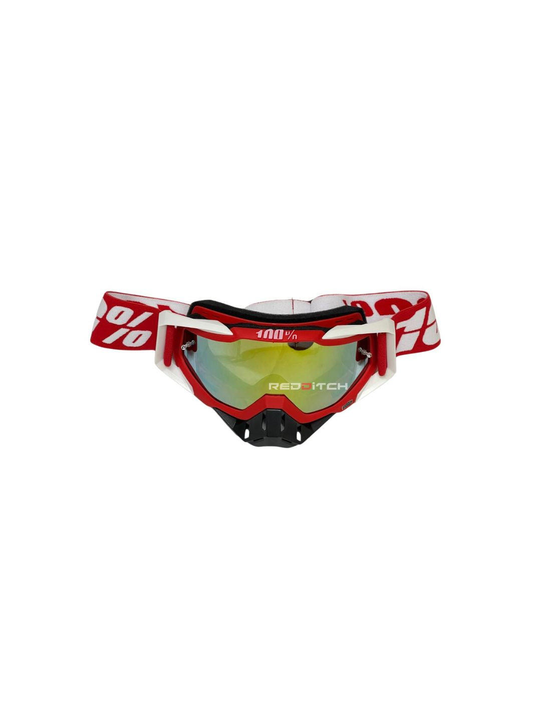 Goggles with nose protection for motocross helmets in red/white color, designed to provide clear vision, shield from debris, and offer added safety and style during off-road riding.