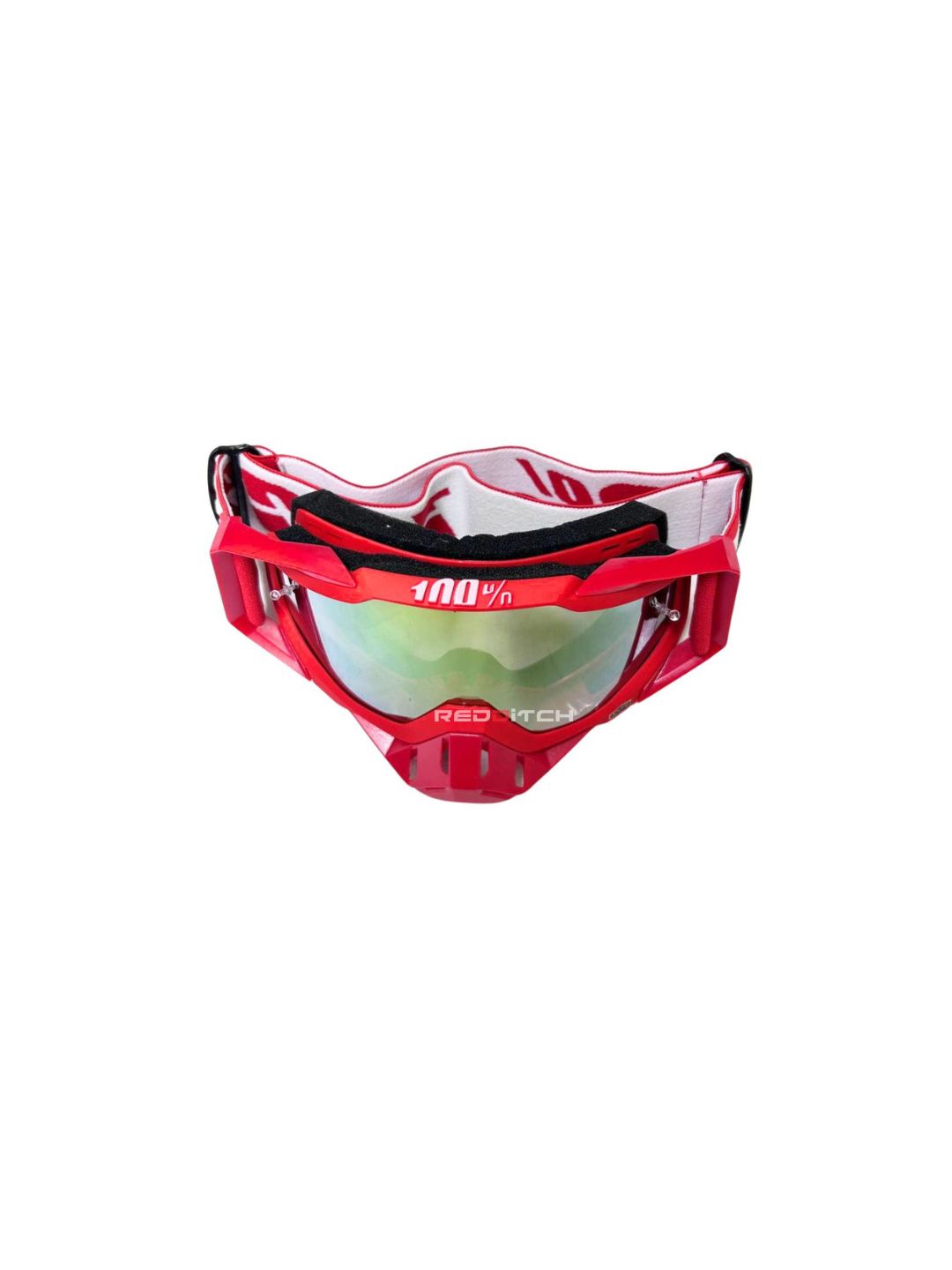 Goggles with nose protection for motocross helmets in red/white color, designed to provide clear vision, shield from debris, and offer added safety and style during off-road riding.