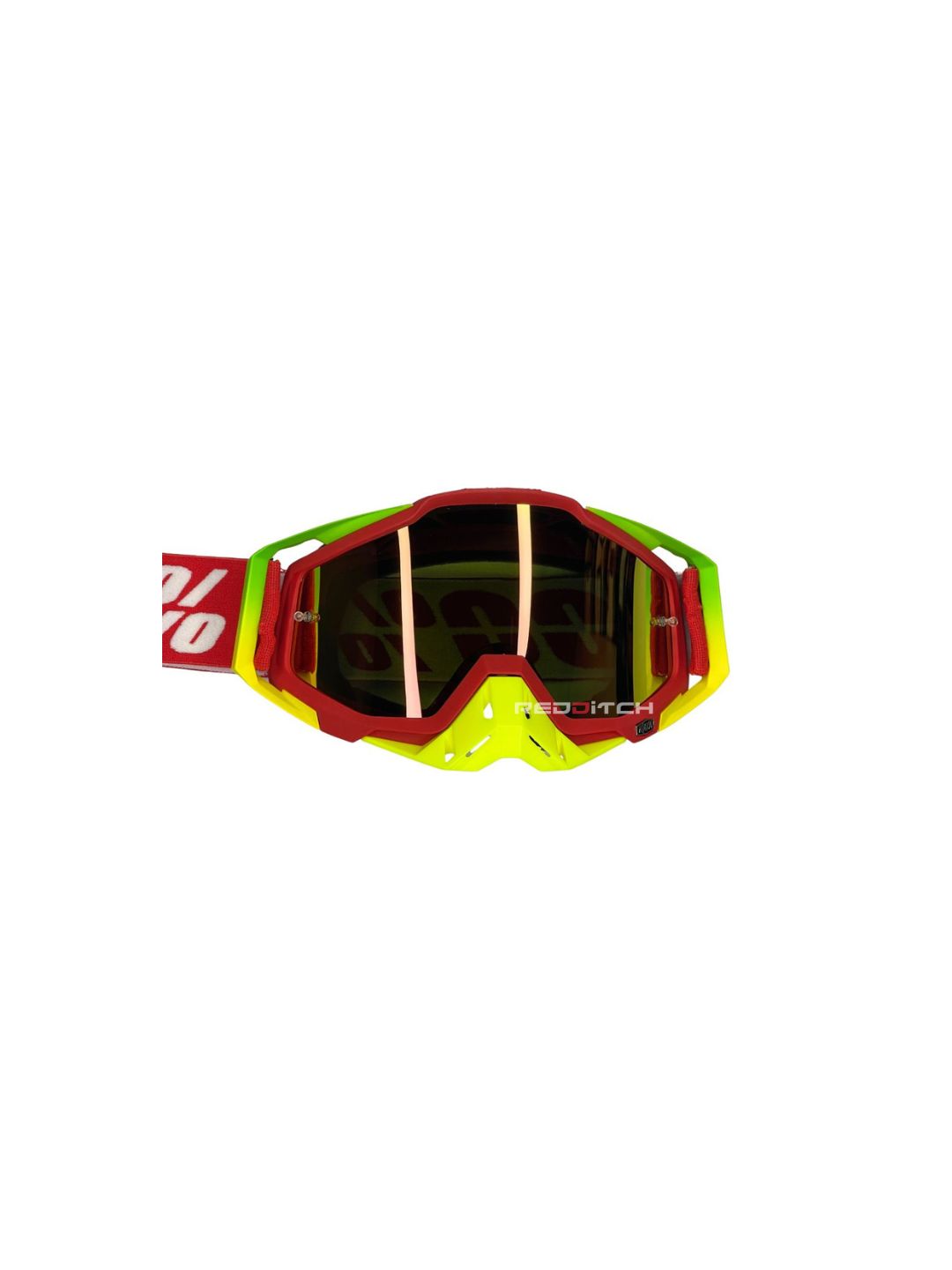 Goggles with nose protection for motocross helmets in yellow/red color, designed to provide clear vision, shield from debris, and offer added safety and style during off-road riding.