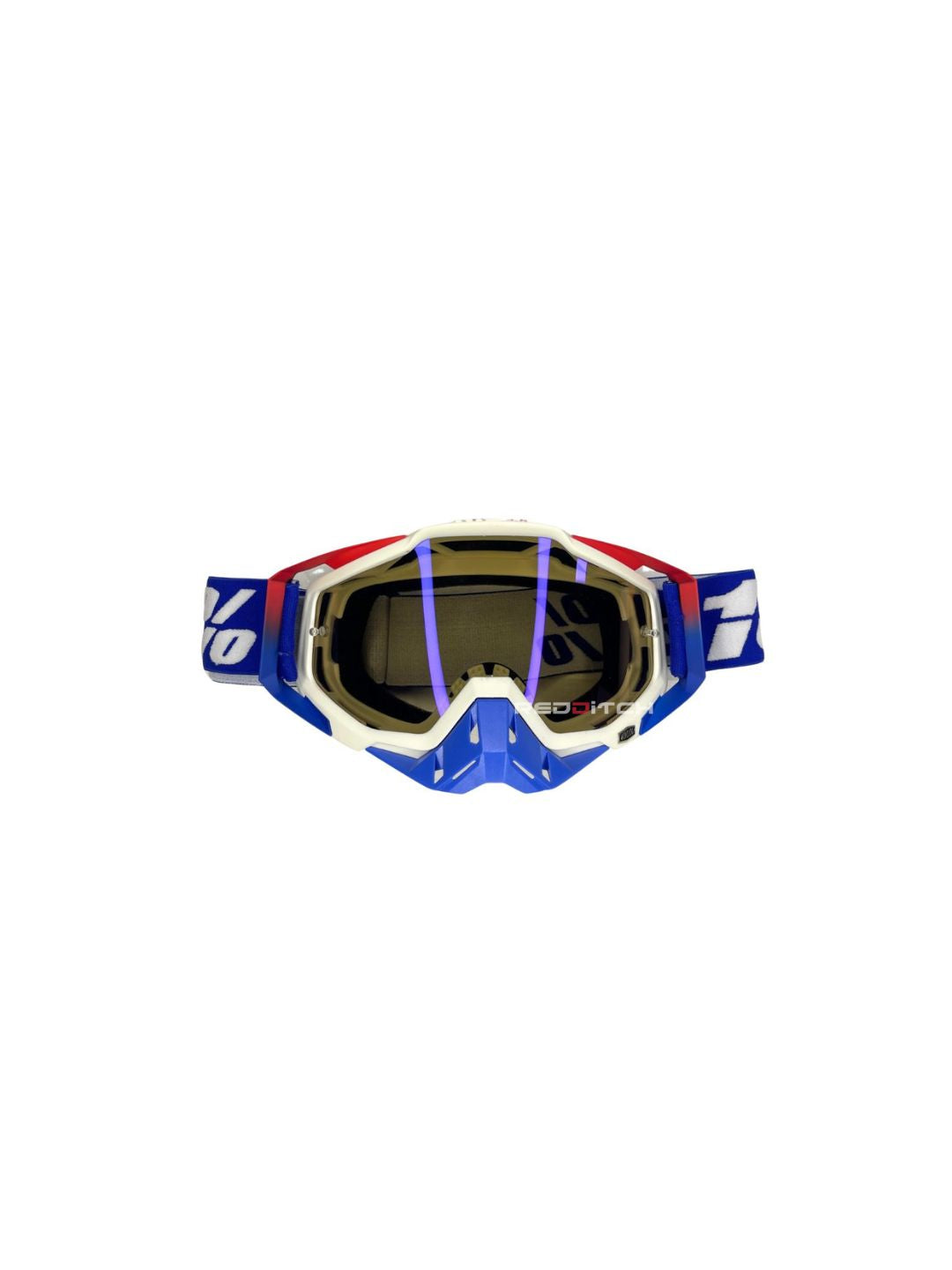 Goggles with nose protection for motocross helmets in blue/white color, designed to provide clear vision, shield from debris, and offer added safety and style during off-road riding.