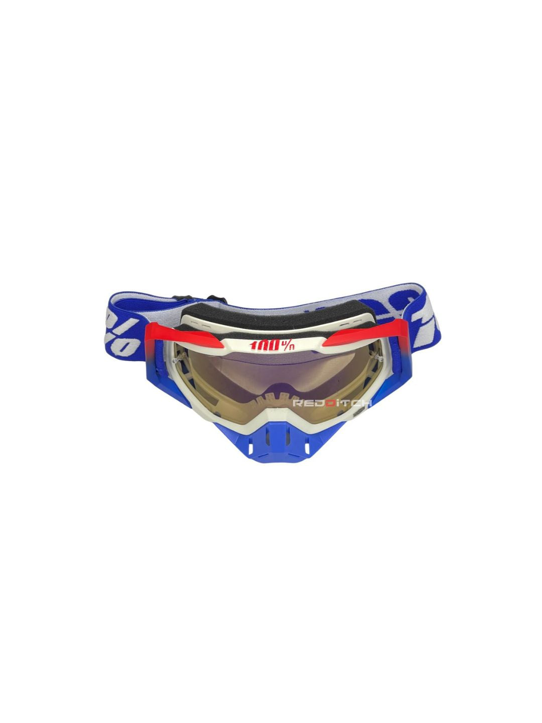 Goggles with nose protection for motocross helmets in blue/white color, designed to provide clear vision, shield from debris, and offer added safety and style during off-road riding.