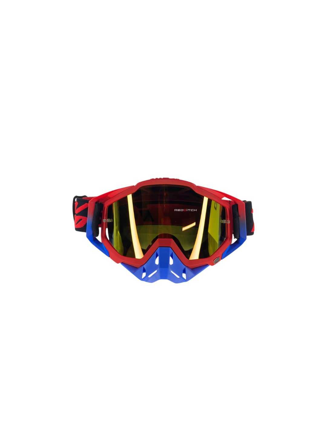 Goggles with nose protection for motocross helmets in red/blue color, designed to provide clear vision, shield from debris, and offer added safety and style during off-road riding.