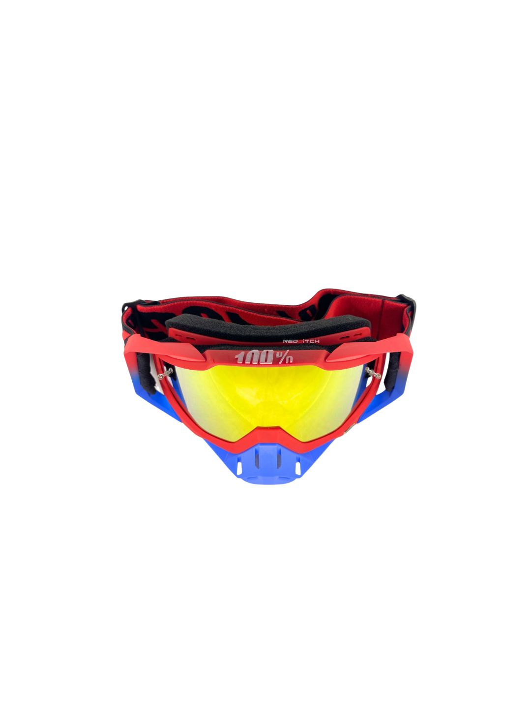 Goggles with nose protection for motocross helmets in red/blue color, designed to provide clear vision, shield from debris, and offer added safety and style during off-road riding.