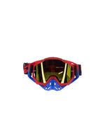 Goggles with nose protection for motocross helmets in red/blue color, designed to provide clear vision, shield from debris, and offer added safety and style during off-road riding.