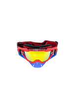 Goggles with nose protection for motocross helmets in red/blue color, designed to provide clear vision, shield from debris, and offer added safety and style during off-road riding.