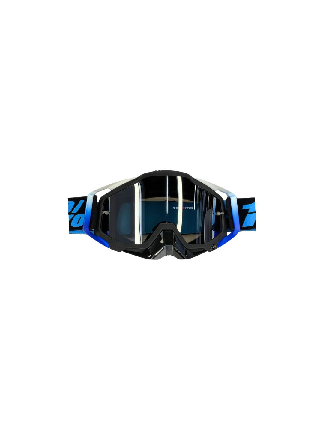 Goggles with nose protection for motocross helmets in black/blue color, designed to provide clear vision, shield from debris, and offer added safety and style during off-road riding.