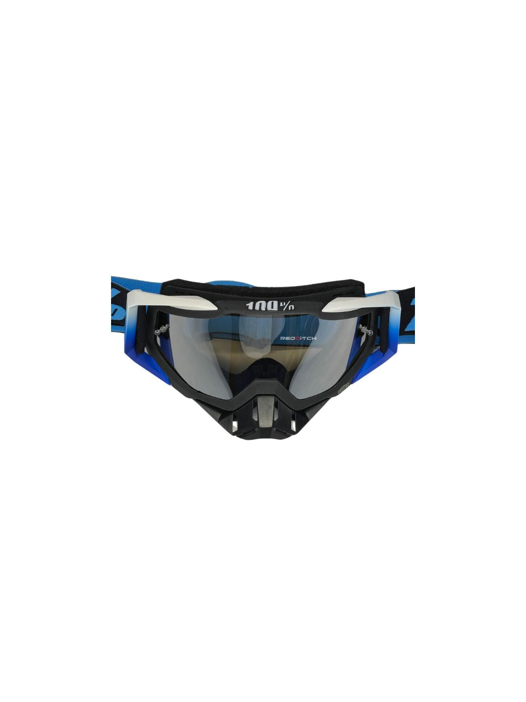 Goggles with nose protection for motocross helmets in black/blue color, designed to provide clear vision, shield from debris, and offer added safety and style during off-road riding.