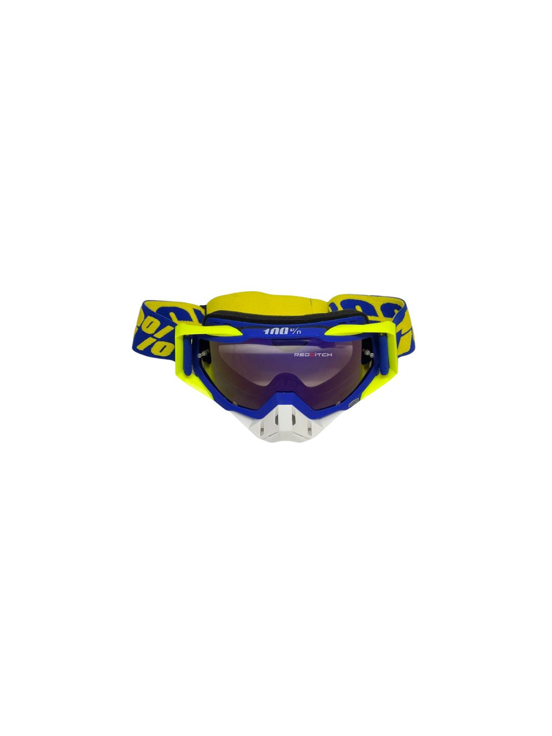 Goggles with nose protection for motocross helmets in yellow/blue color, designed to provide clear vision, shield from debris, and offer added safety and style during off-road riding.