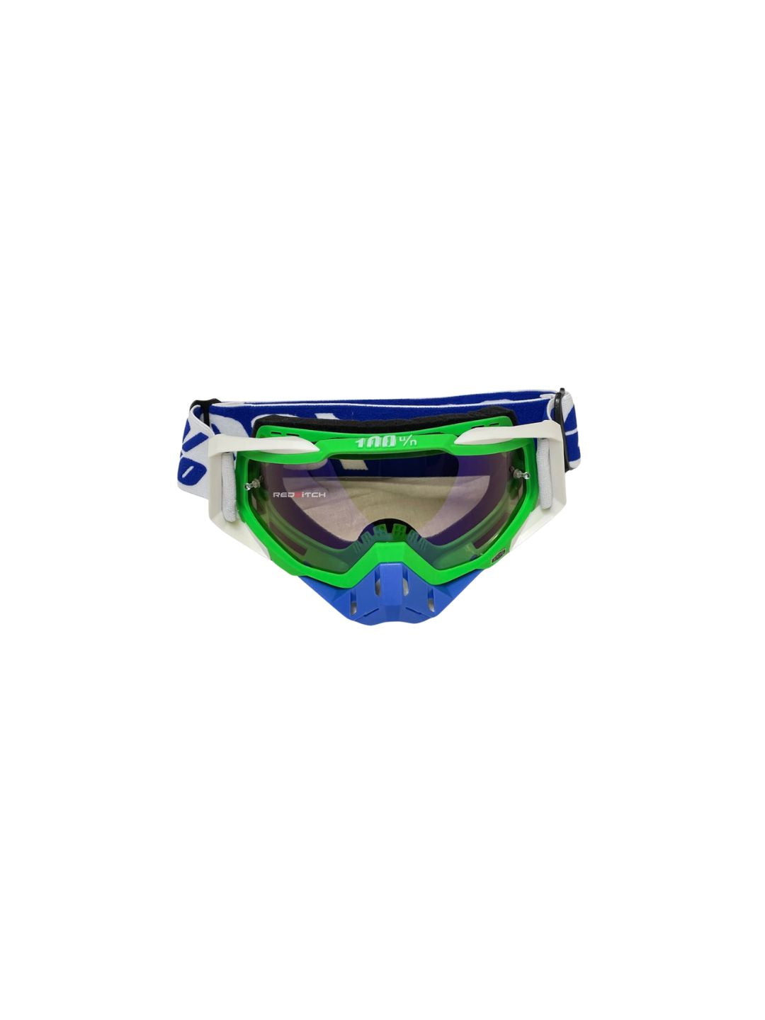 Goggles with nose protection for motocross helmets in white/blue color, designed to provide clear vision, shield from debris, and offer added safety and style during off-road riding.
