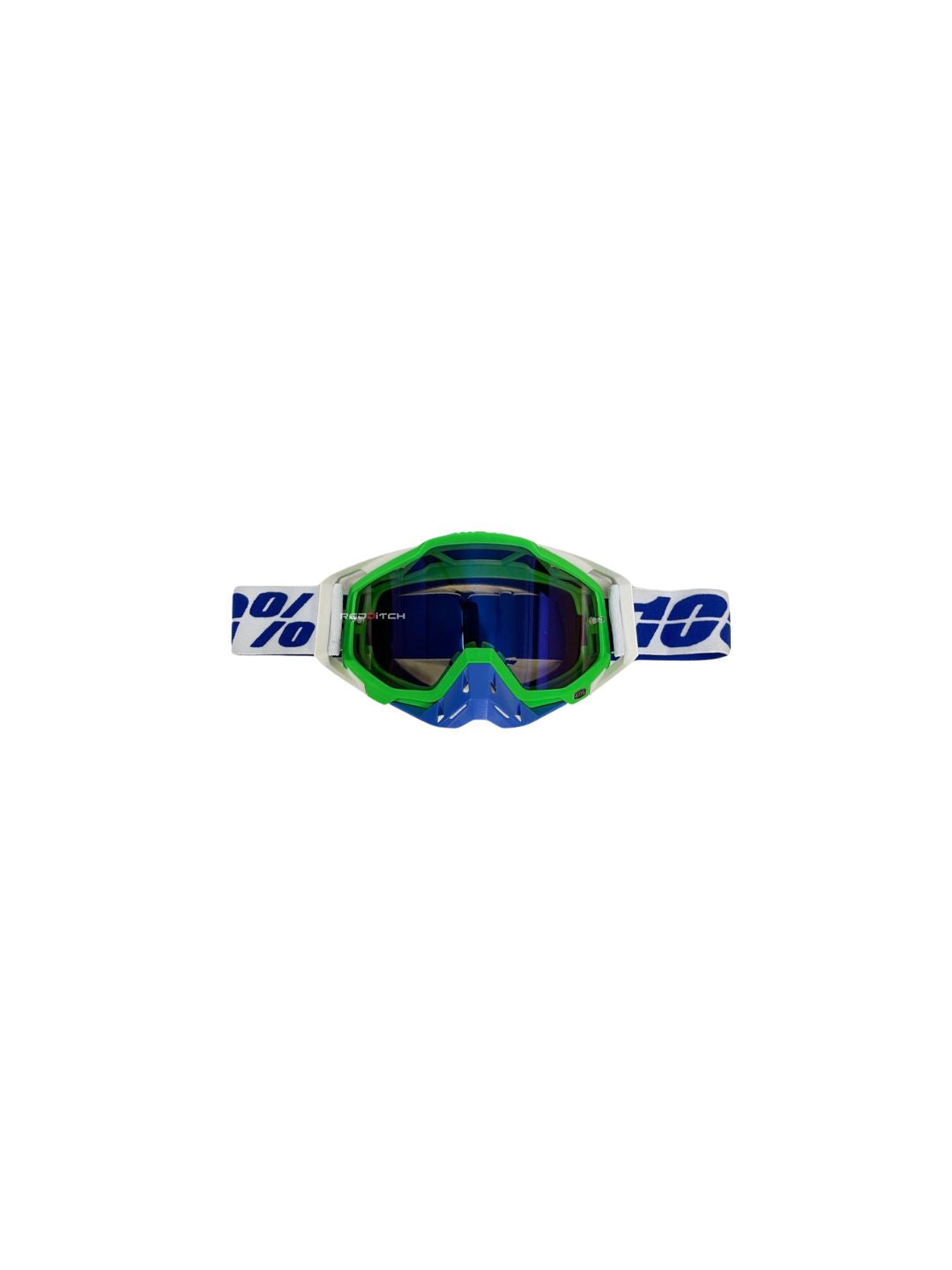 Goggles with nose protection for motocross helmets in white/blue color, designed to provide clear vision, shield from debris, and offer added safety and style during off-road riding.