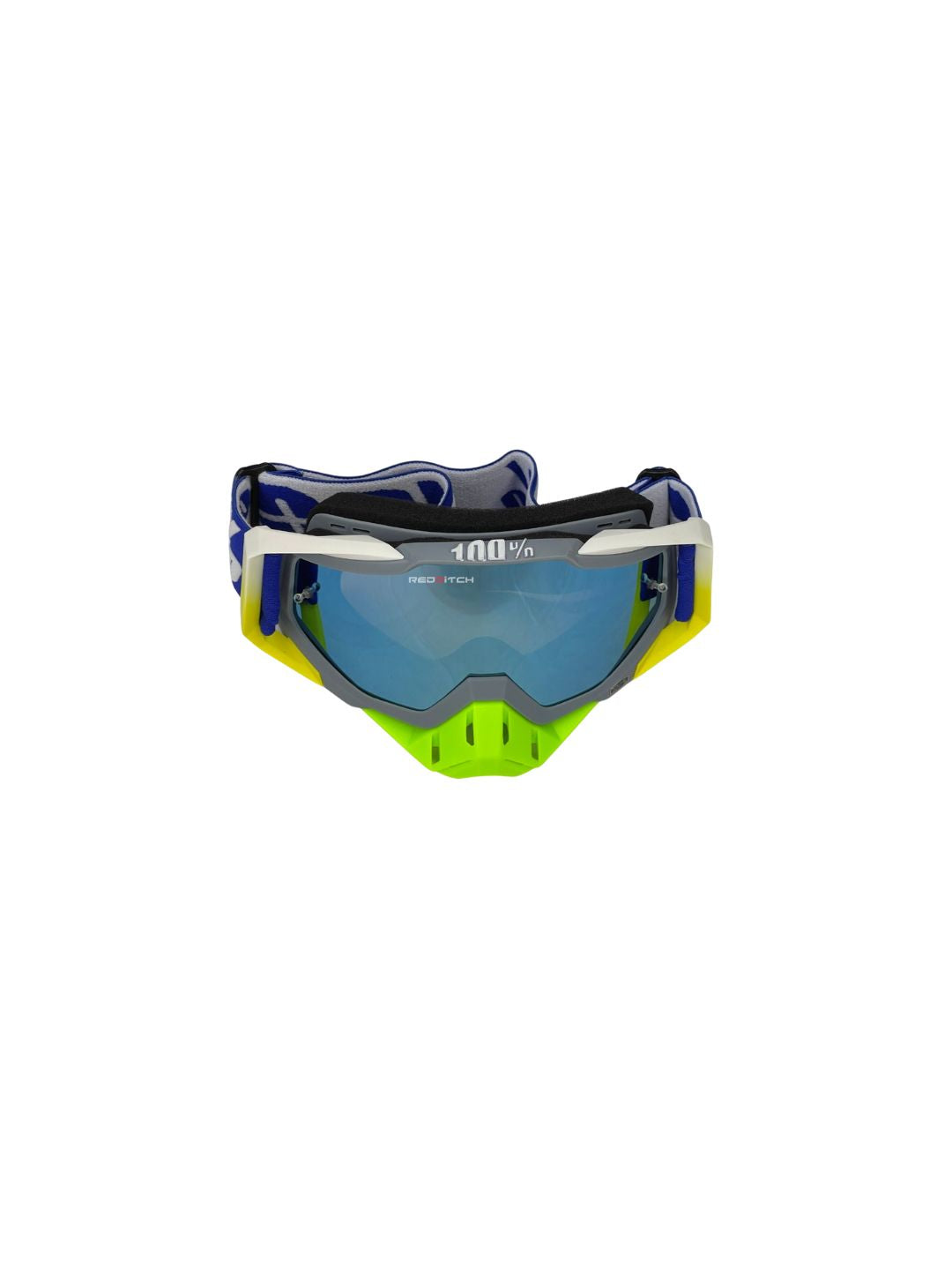 Goggles with nose protection for motocross helmets in green/blue color, designed to provide clear vision, shield from debris, and offer added safety and style during off-road riding.