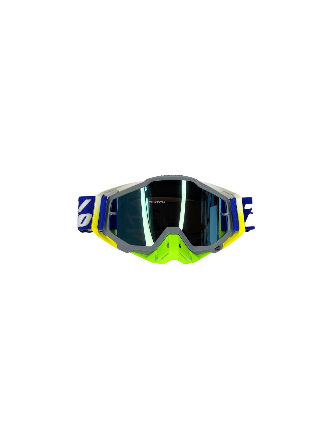 Goggles with nose protection for motocross helmets in green/blue color, designed to provide clear vision, shield from debris, and offer added safety and style during off-road riding.