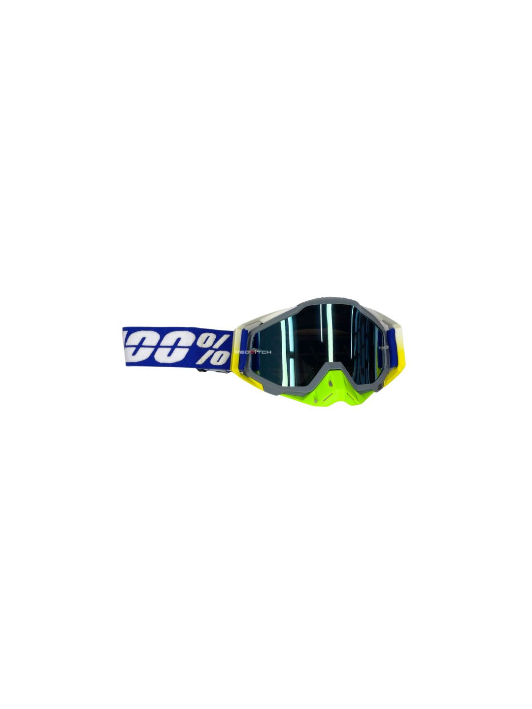 Goggles with nose protection for motocross helmets in green/blue color, designed to provide clear vision, shield from debris, and offer added safety and style during off-road riding.