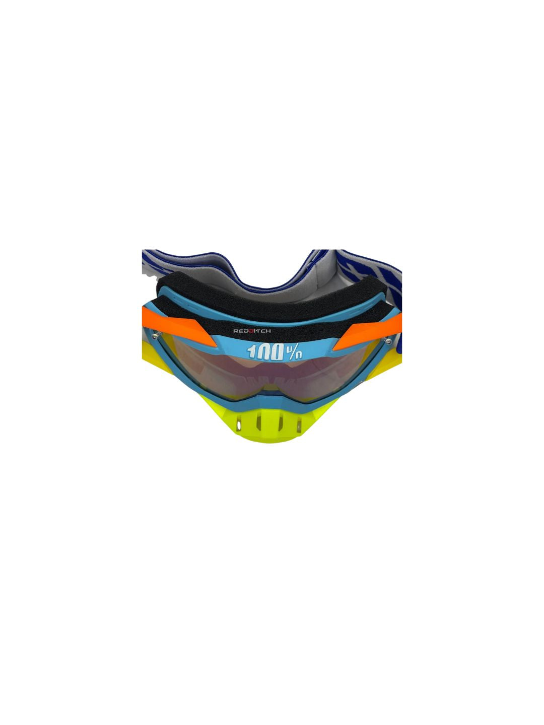 Goggles with nose protection for motocross helmets in yellow/blue color, designed to provide clear vision, shield from debris, and offer added safety and style during off-road riding.