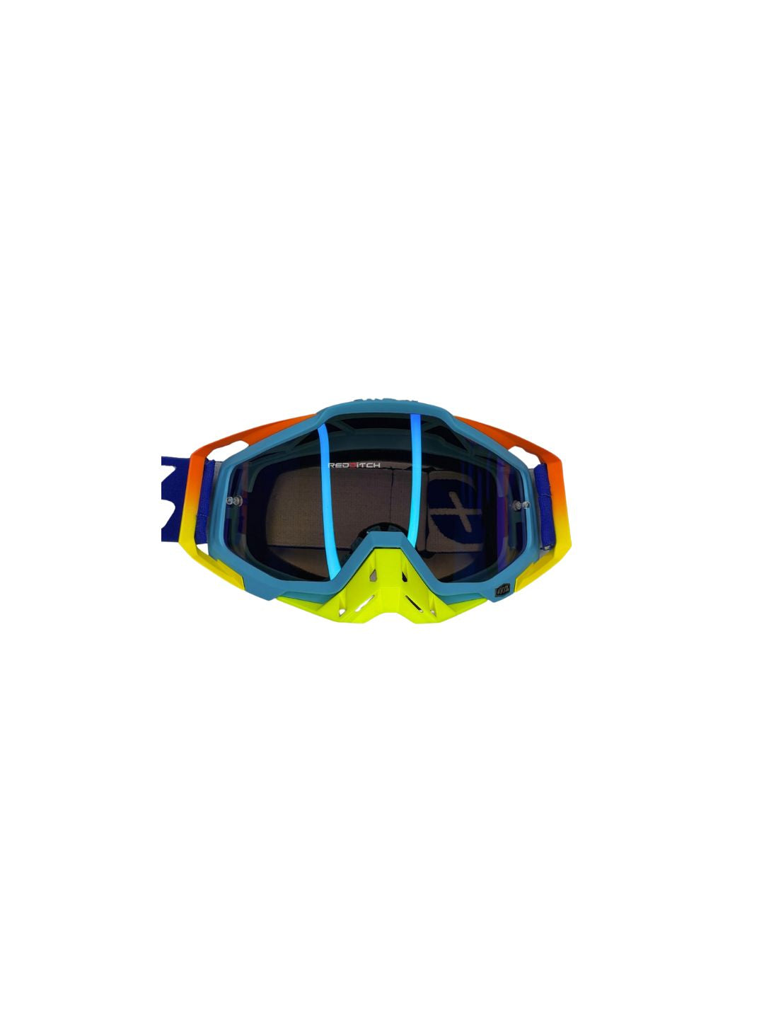 Goggles with nose protection for motocross helmets in yellow/blue color, designed to provide clear vision, shield from debris, and offer added safety and style during off-road riding.