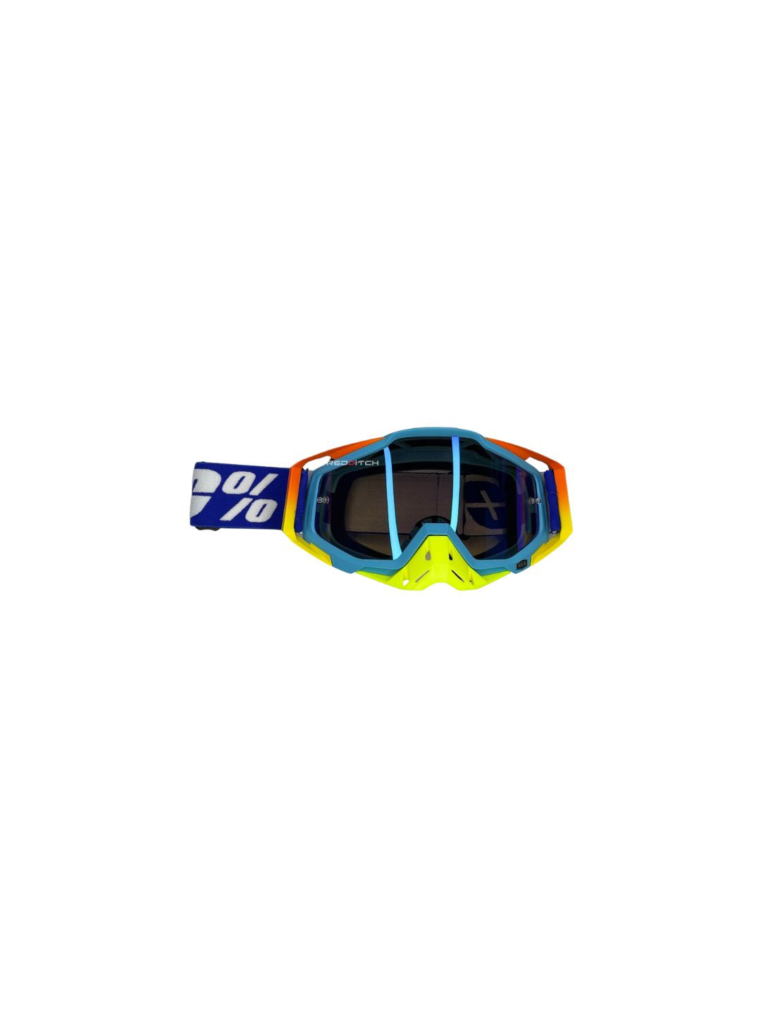 Goggles with nose protection for motocross helmets in yellow/blue color, designed to provide clear vision, shield from debris, and offer added safety and style during off-road riding.
