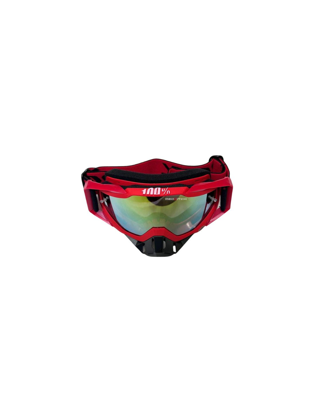Goggles with nose protection for motocross helmets in red/black color, designed to provide clear vision, shield from debris, and offer added safety and style during off-road riding.