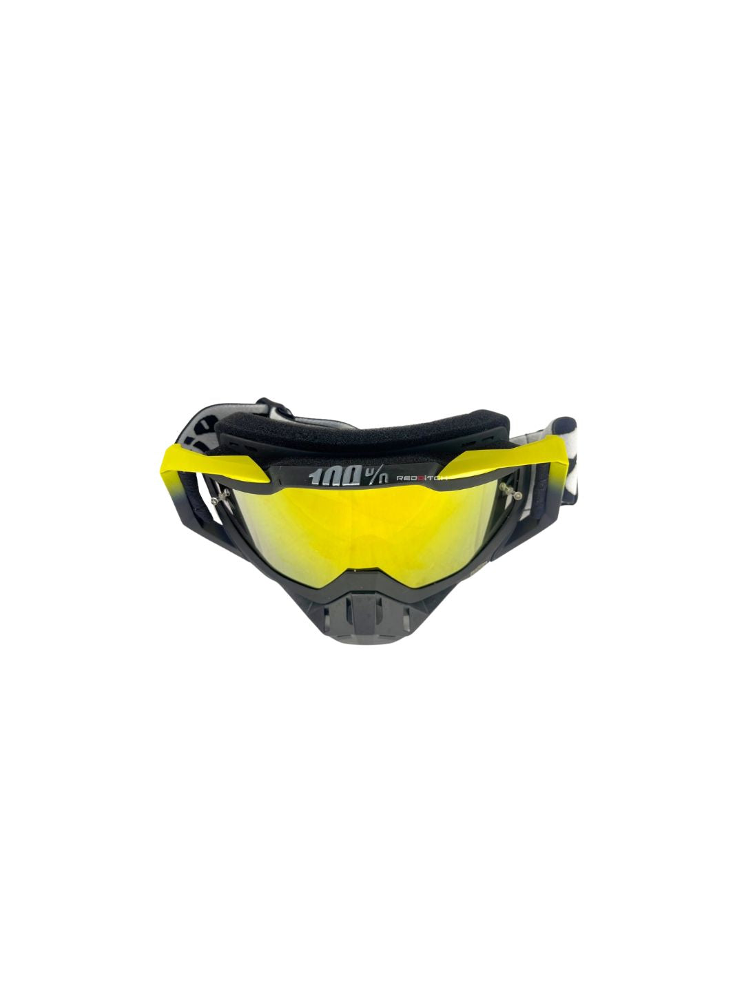 Goggles with nose protection for motocross helmets in yellow/black color, designed to provide clear vision, shield from debris, and offer added safety and style during off-road riding.