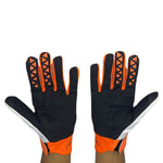 white and orange padded gloves with 100% logo, made from cloth material, featuring impact and palm padding, breathable design, adjustable closure, and touchscreen compatibility for track use."