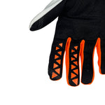 white and orange padded gloves with 100% logo, made from cloth material, featuring impact and palm padding, breathable design, adjustable closure, and touchscreen compatibility for track use."