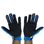 "Blue and white padded gloves with 100% logo, made from cloth material, featuring impact and palm padding, breathable design, adjustable closure, and touchscreen compatibility for track use."