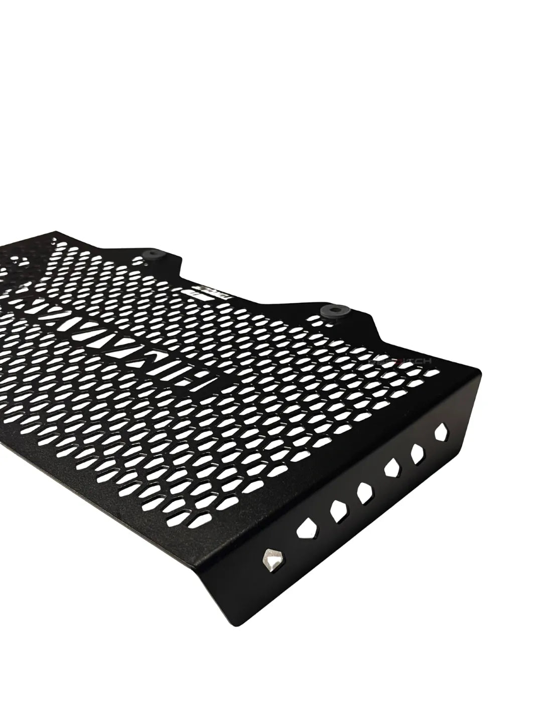 Black metal grille with perforated design on a white background