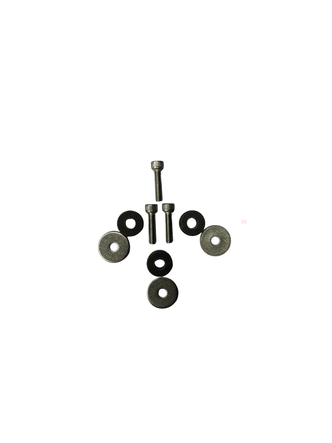 Set of mechanical parts including washers and a bolt on a white background
