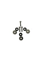 Set of mechanical parts including washers and a bolt on a white background
