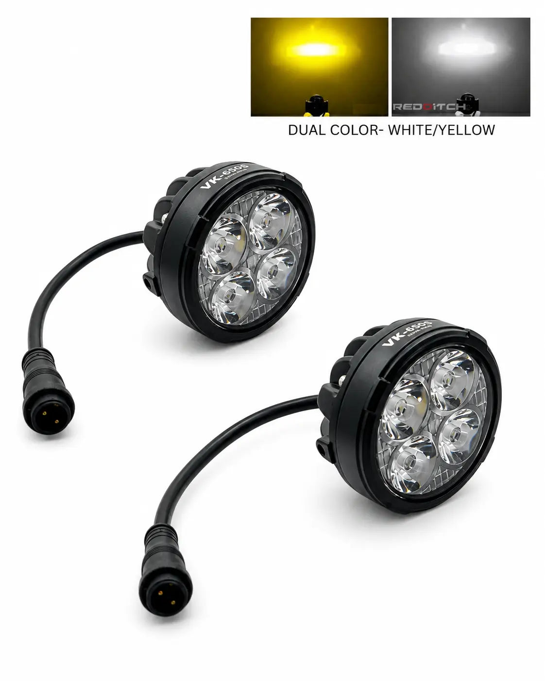 Two black round LED vehicle light units with attached black power cables, shown on a white background. The top includes two small inset images demonstrating the light output: one yellow and one white, with the text 'DUAL COLOR - WHITE/YELLOW' and a small 'RED PTON' mark visible on the inset.
