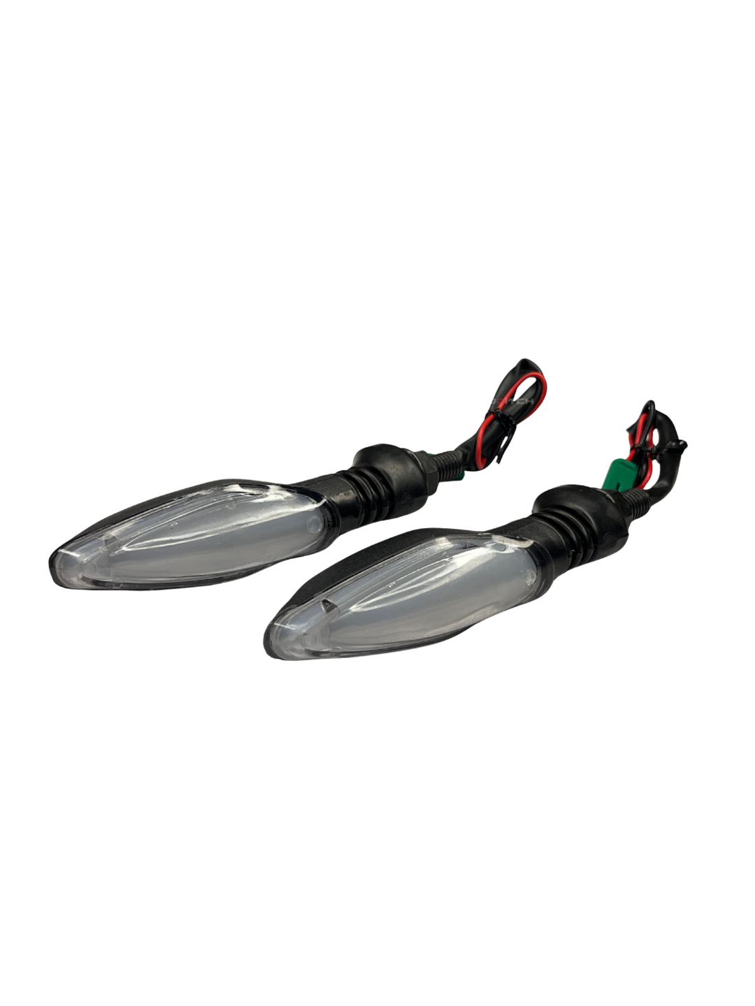 Two motorcycle turn signals on a white background