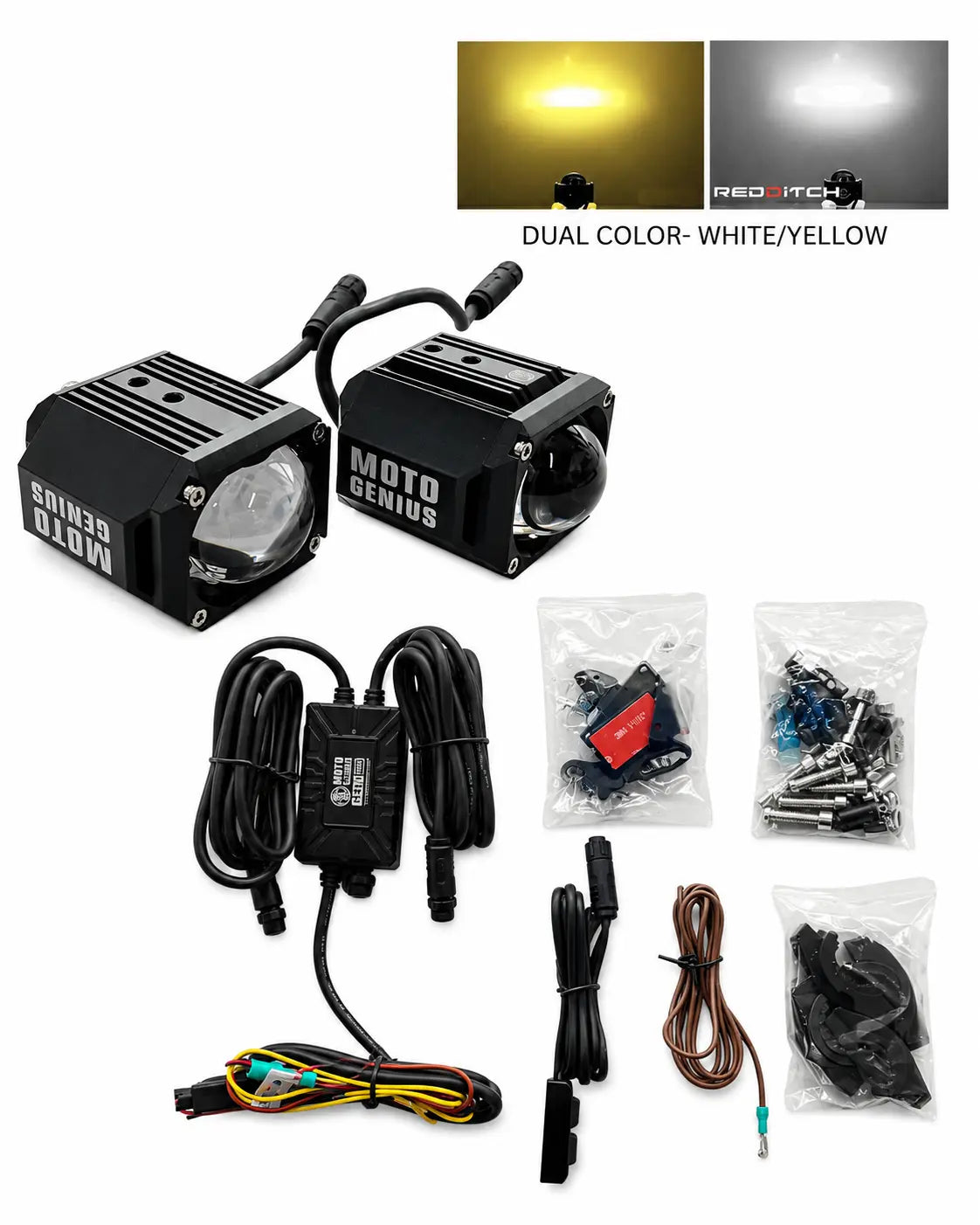 Moto Genius dual LED motorcycle headlight kit with two black light units, wiring harnesses, mounting hardware, and two inset diagrams showing white and yellow light outputs.