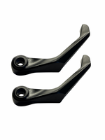 Two black metal lever components on a white background