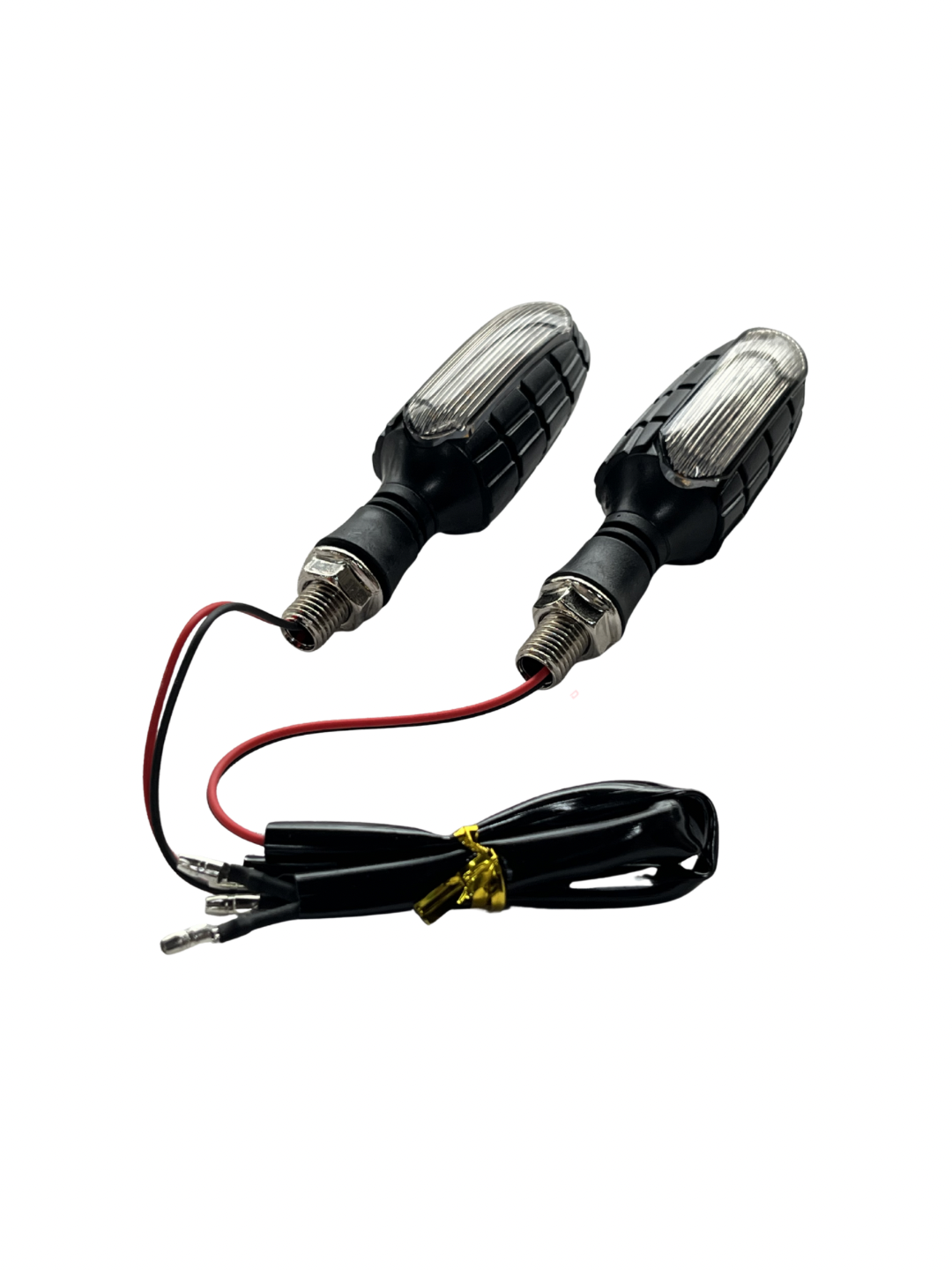 Pair of motorcycle turn signals with wiring on a white background