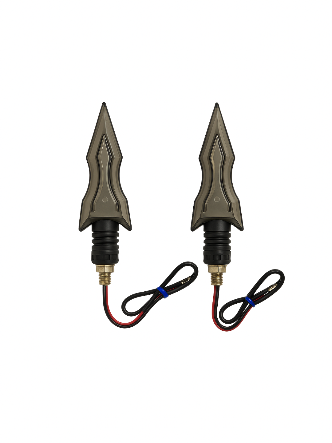 Two metallic arrowheads with electrical components on a white background