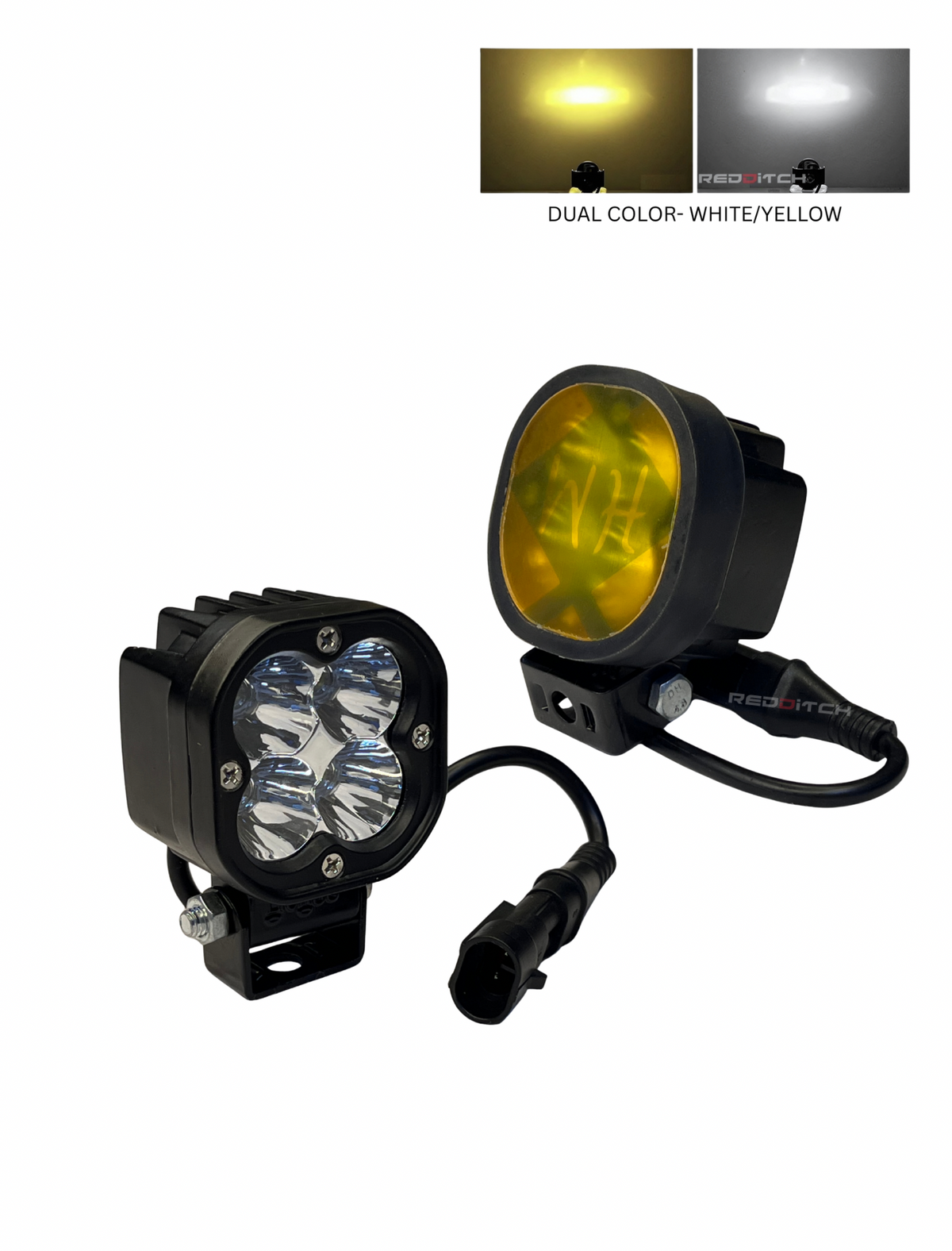 Two LED work lights with a white and yellow color option on a white background.