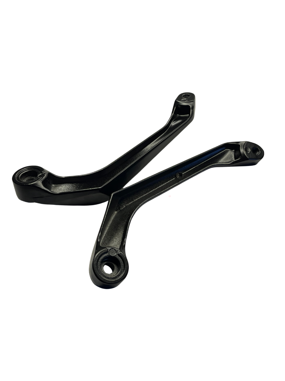 Two black metal brackets on a white background