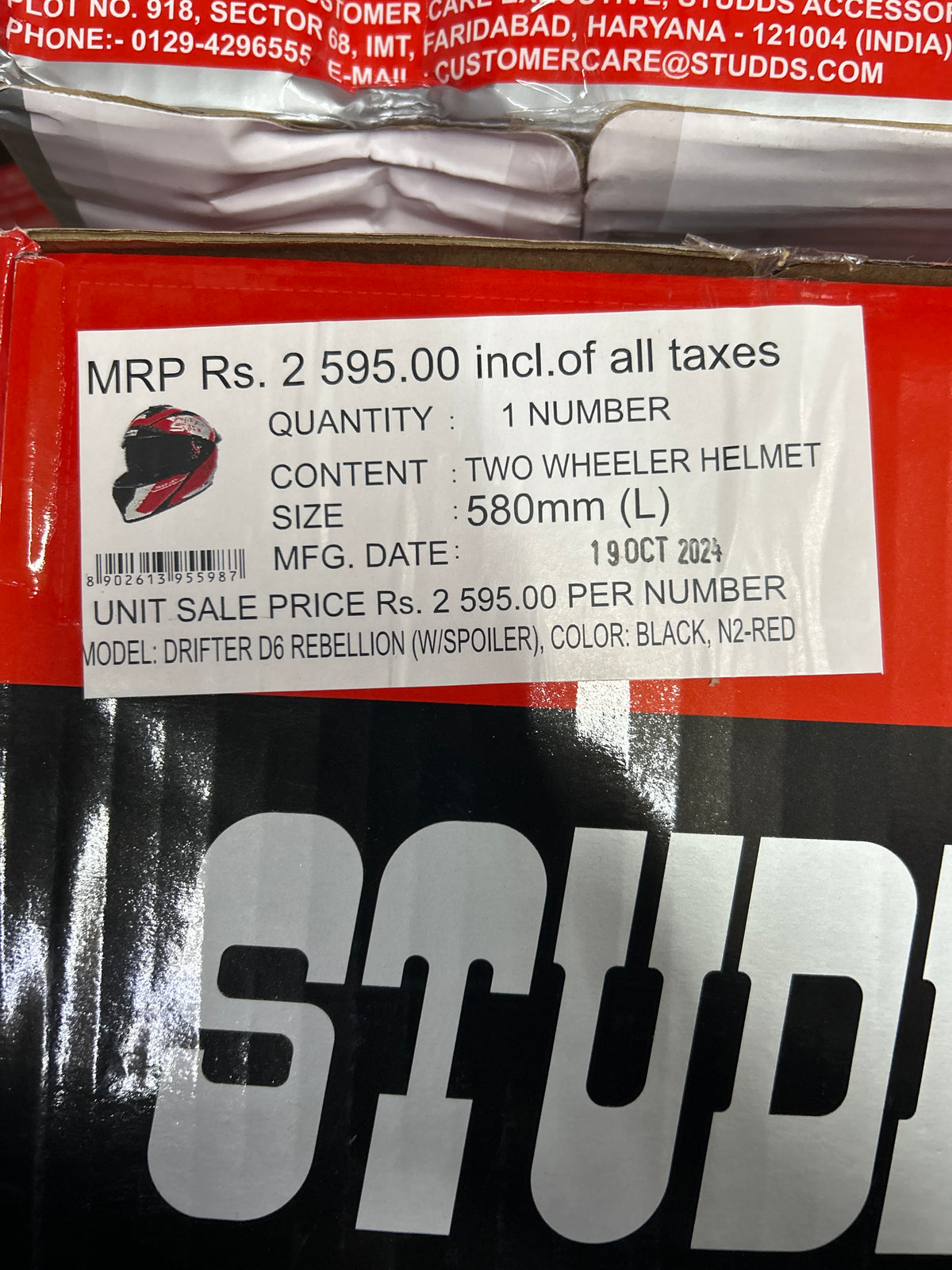 DRIFTER D6 REBELLION BLACK N2 RED – Premium motorcycle helmet with a sleek black and red design. Offers superior protection, comfort, and a stylish look for every rider. Available at the **best helmet shop in India**.