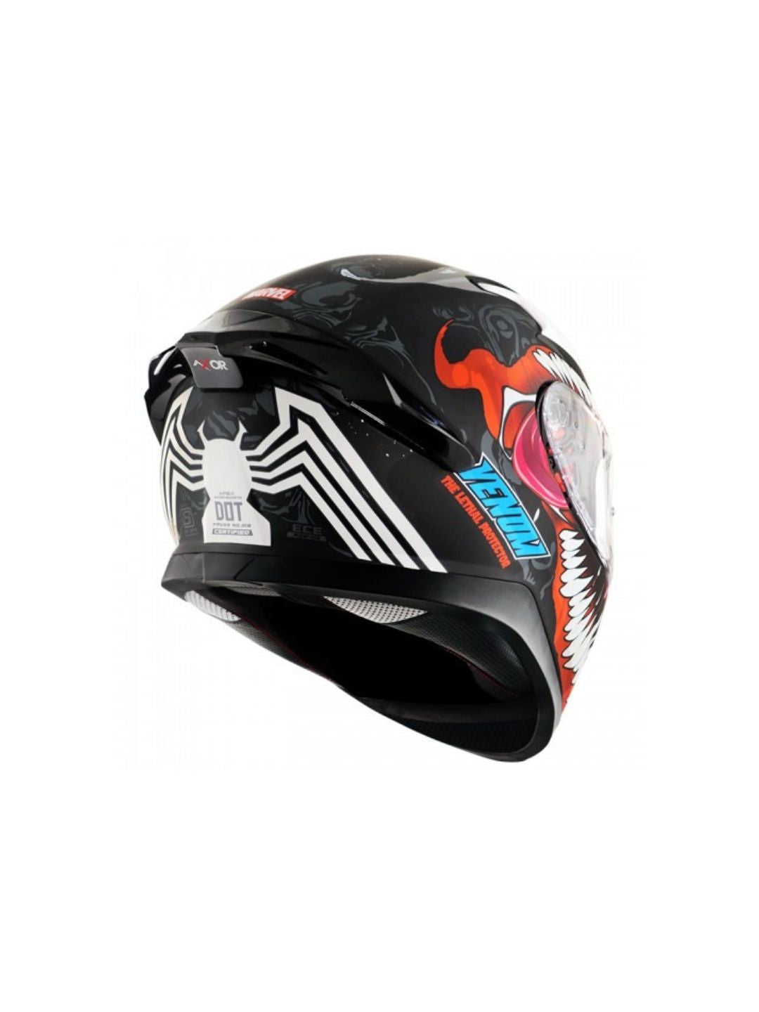Axor Apex Venom Marvel Edition motorcycle helmet featuring a bold Venom design with premium safety features, aerodynamic structure, and superior comfort for every ride.