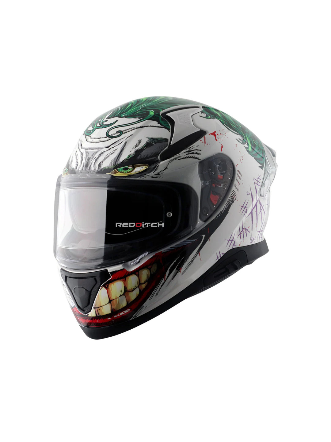 The Axor Apex DC Joker helmet features a bold design inspired by the iconic Joker character, providing both unique style and superior protection for riders.