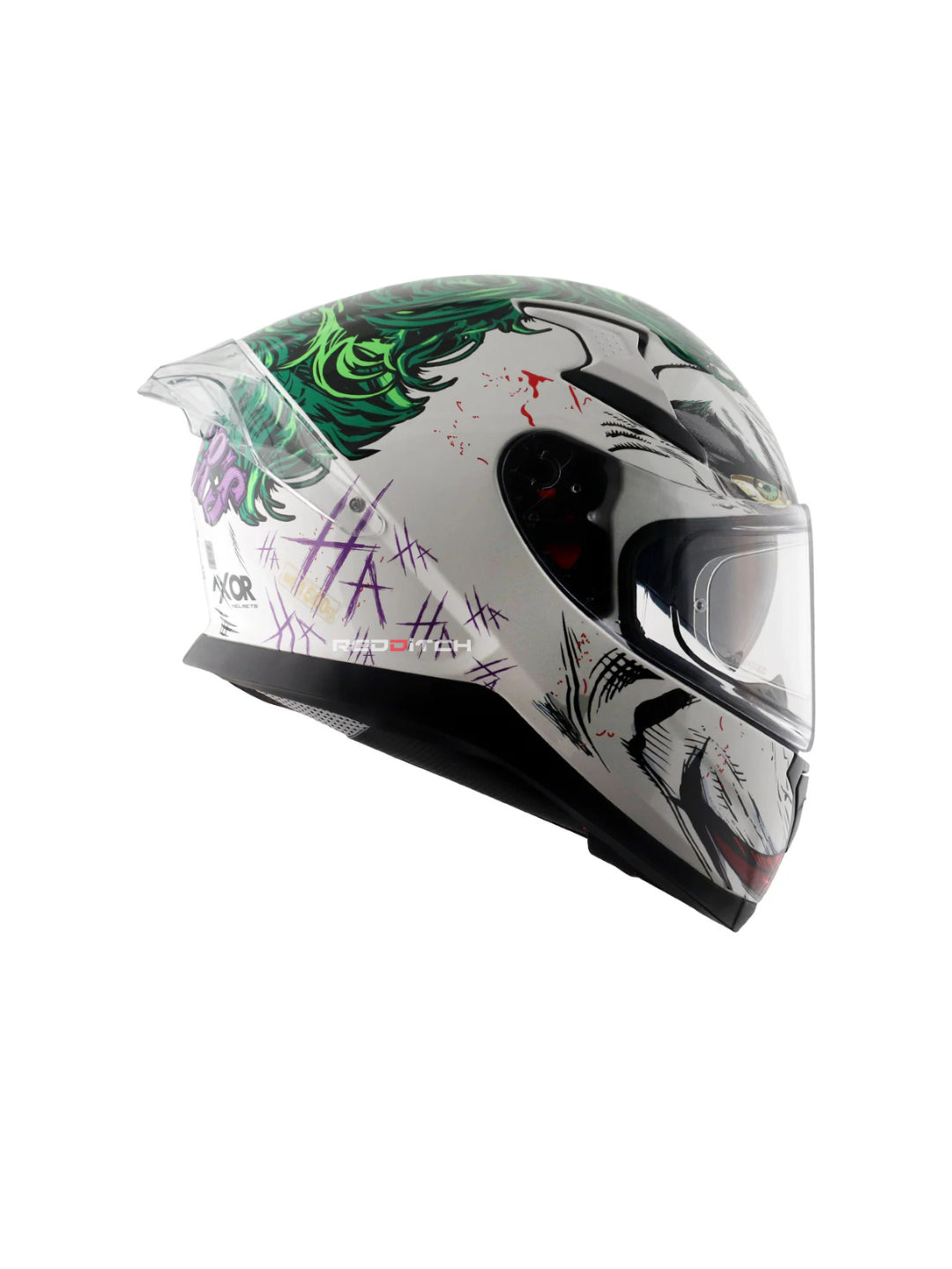The Axor Apex DC Joker helmet features a bold design inspired by the iconic Joker character, providing both unique style and superior protection for riders.