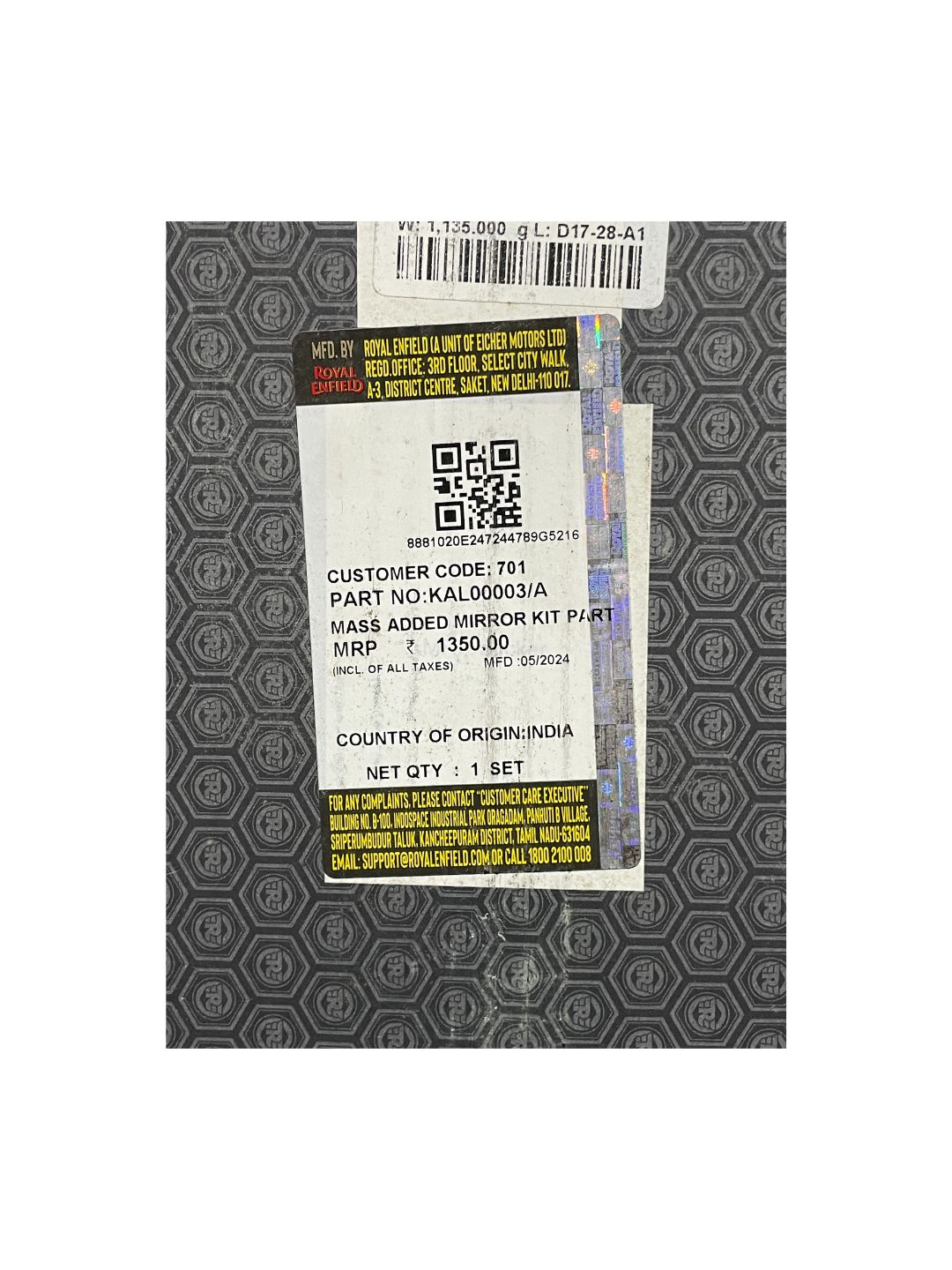 MASS ADDED MIRROR KIT (Part No: KAL00003/A) – High-quality mirror kit with enhanced stability for reduced vibrations and clear visibility. Designed for durability and a perfect fit. Available at the **best motor accessory shop in India**.