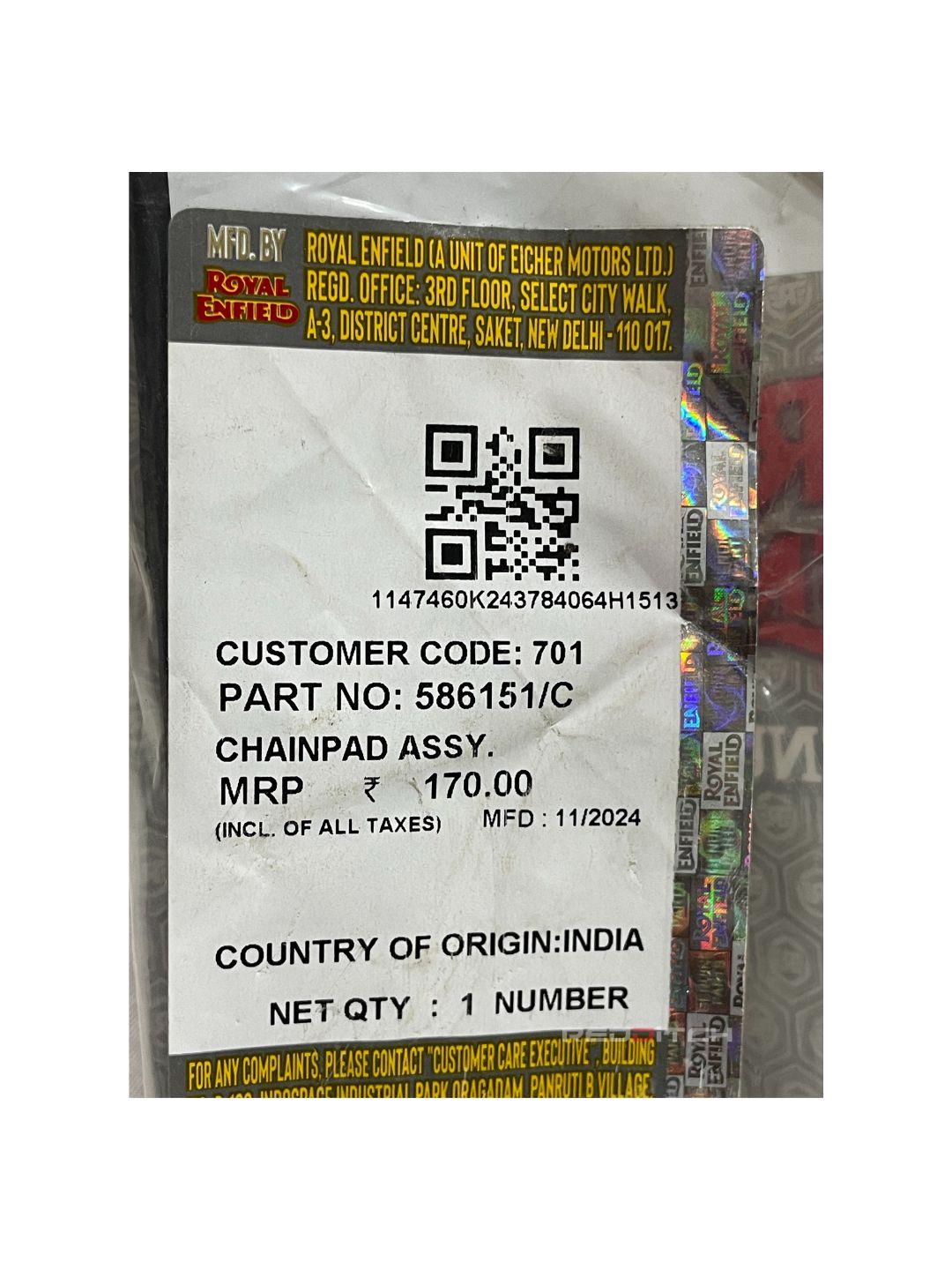 **ALT Text:** CHAINPAD ASSY (Part No: 586151/C) – High-quality chain pad assembly for effective chain protection and reduced wear. Ensures durability and smooth performance. Available at the **best motor accessory shop in India**.