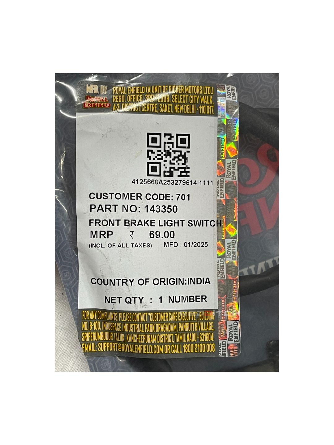 **ALT Text:** FRONT BRAKE LIGHT SWITCH (Part No: 143350) – Premium front brake light switch for accurate braking signal activation and improved road safety. Ensures durability and reliable performance. Available at the **best motor accessory shop in India**.