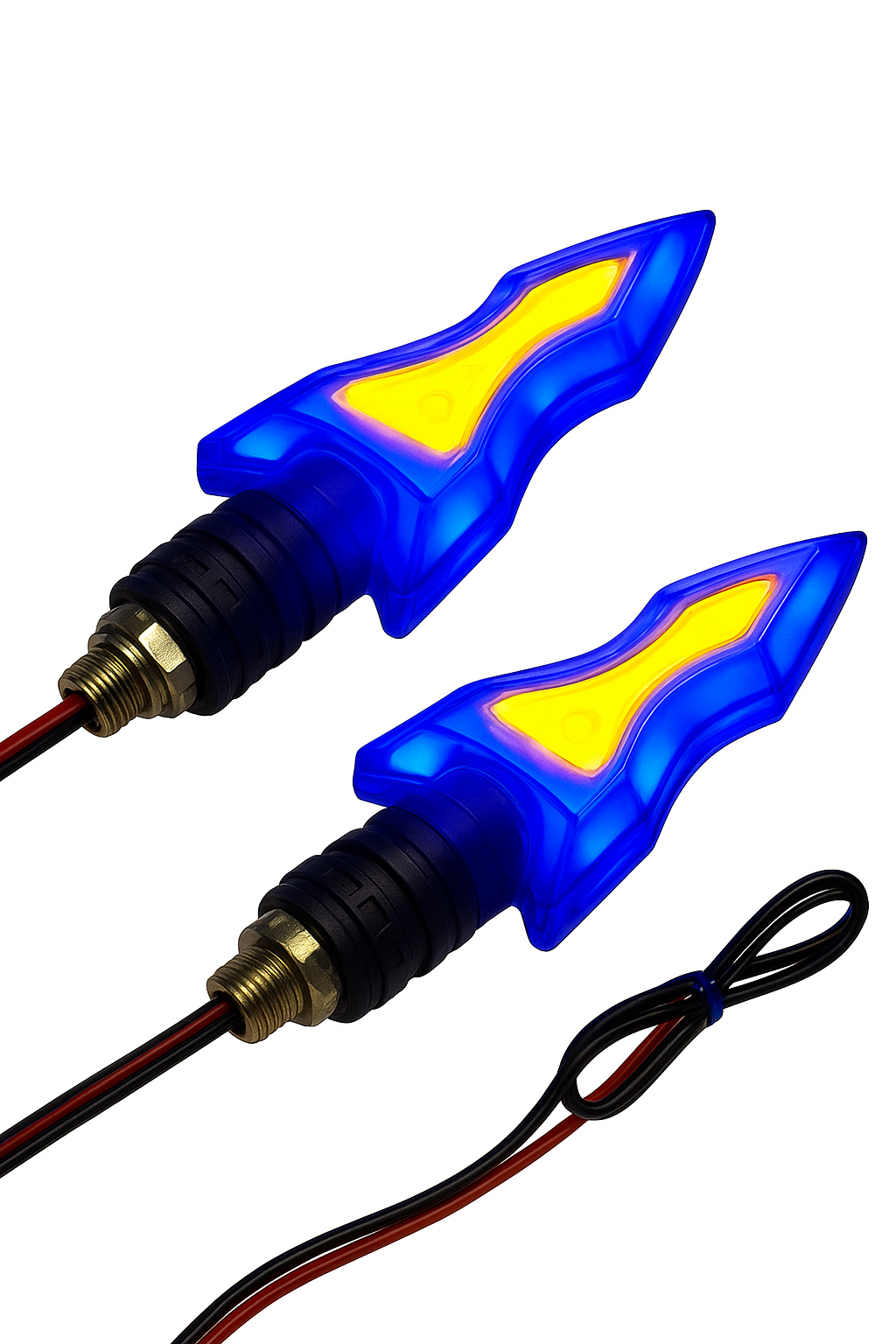 Two blue and yellow arrow-shaped lights with wiring on a white background