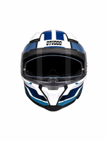Motorcycle helmet with blue and white design on a white background