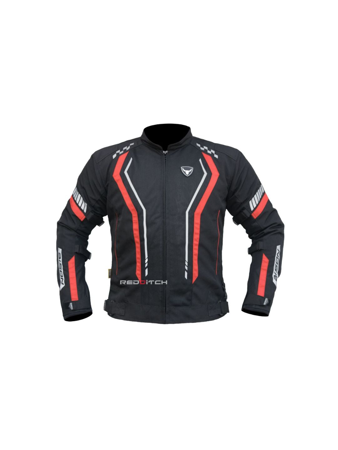 Bison Jacket (Black/Red, Large), a high-performance motorcycle jacket designed for safety and style, featuring durable materials, protective armor, and a sleek design for maximum comfort and protection on every ride.