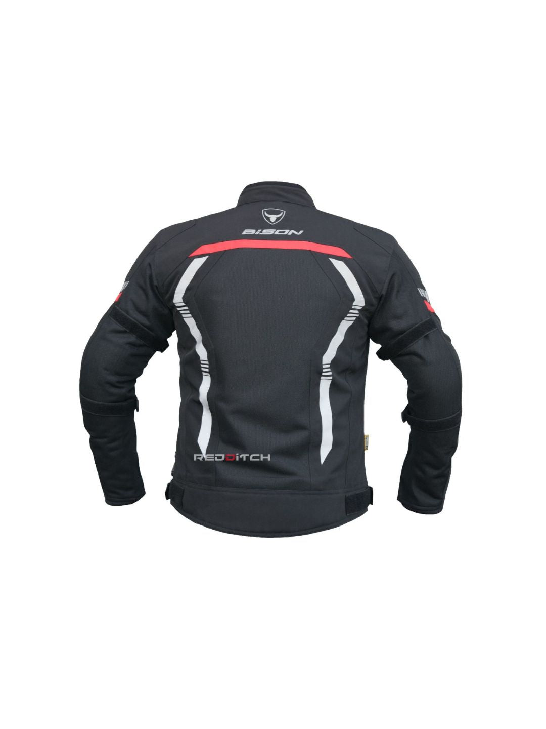 Bison Jacket (Black/Red, Large), a high-performance motorcycle jacket designed for safety and style, featuring durable materials, protective armor, and a sleek design for maximum comfort and protection on every ride.