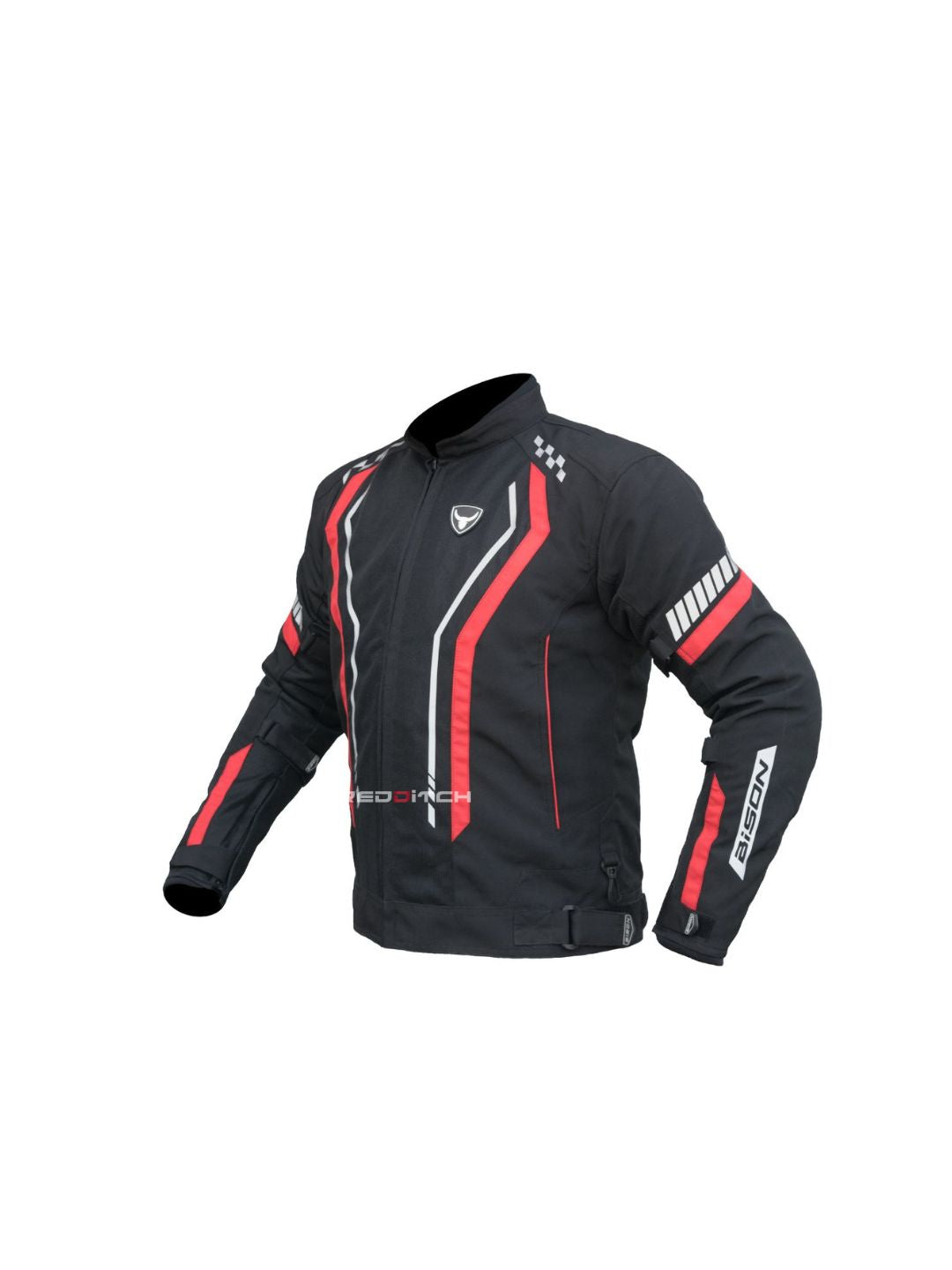 Bison Jacket (Black/Red, Large), a high-performance motorcycle jacket designed for safety and style, featuring durable materials, protective armor, and a sleek design for maximum comfort and protection on every ride.